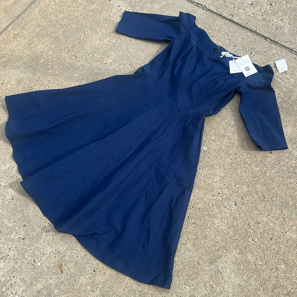 Grace Karin 3/4 Sleeve Off Shoulder Pleated Fit & Flare A-Line Dress Navy Large - Picture 4 of 5